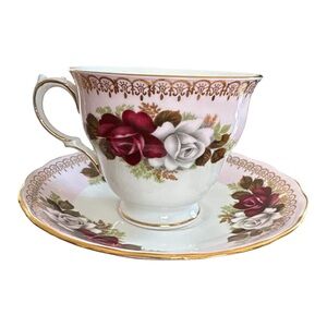 Vintage Queen Anne Pink & Red Rose Teacup Set - Pattern 8432